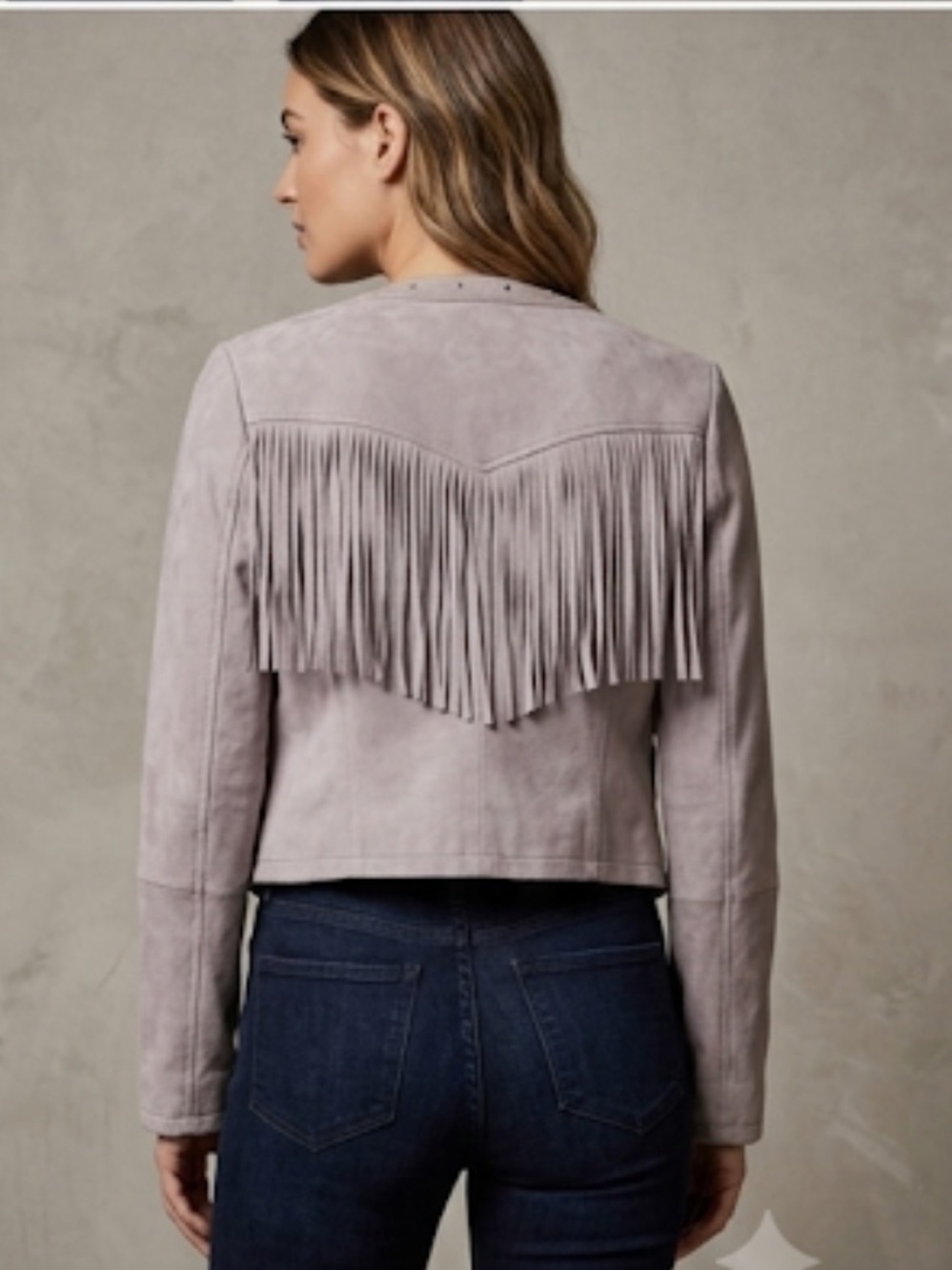 White house black market‎ genuine leather fringed open front Western jacket XS